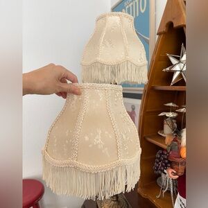 Vintage Fringed Dark Ivory Victorian Damask Lamp Shade with Braid Trim 9in*9in